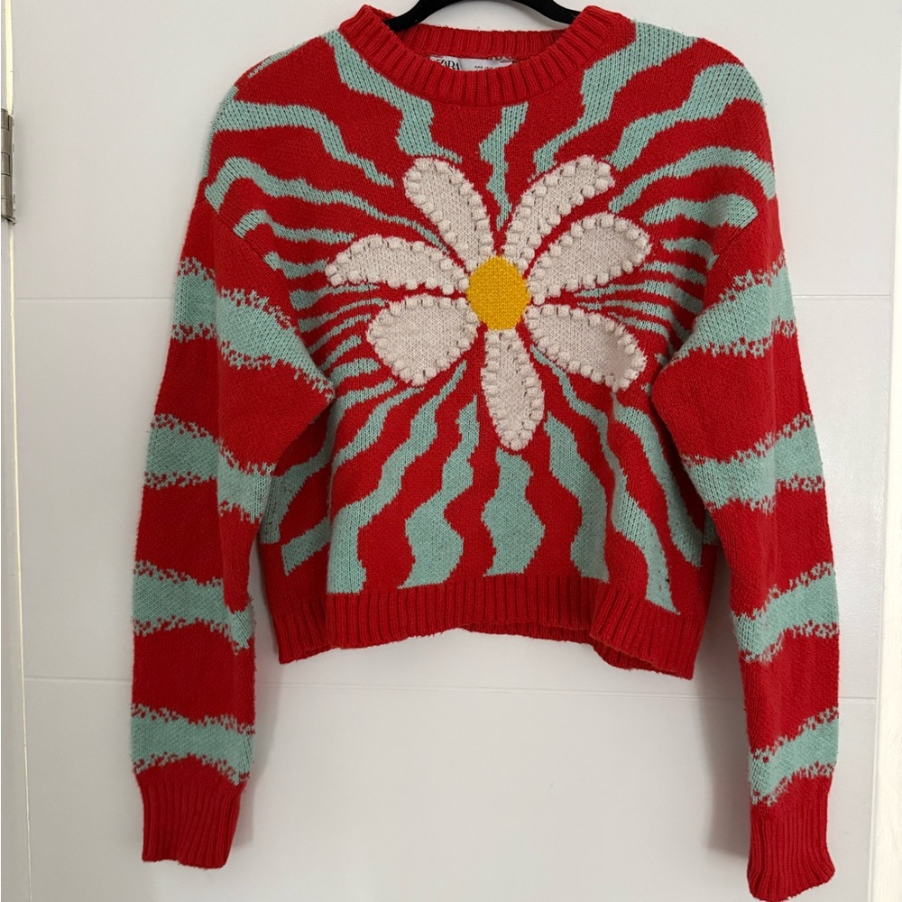 Zara Jacquard Flower Knit Sweater in Red and Teal Blue